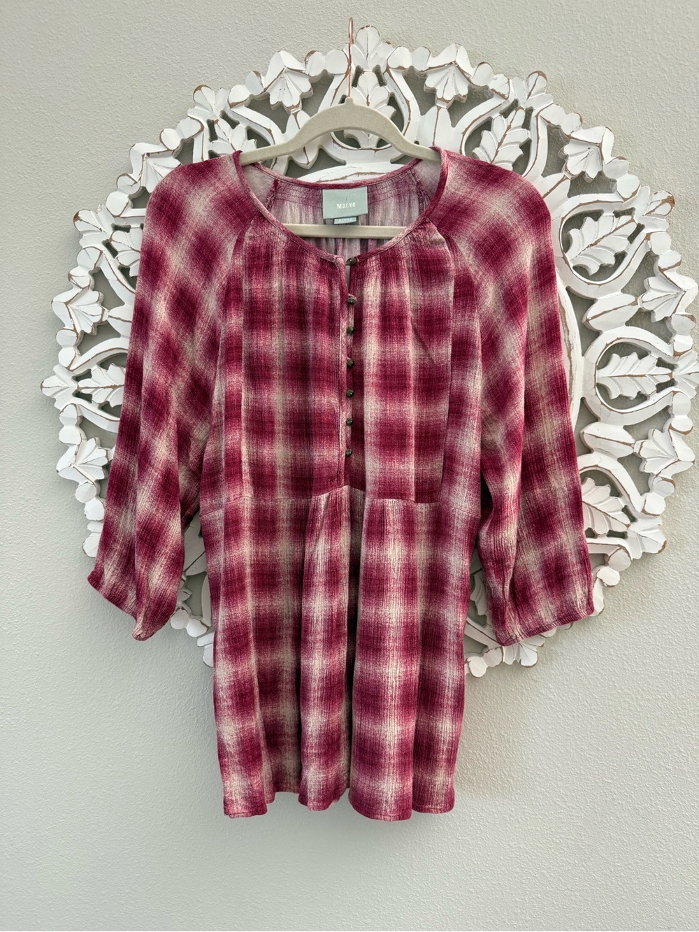 Anthropologie Maeve Burgundy Plaid Button Front Tunic Top Medium - Picture 2 of 8